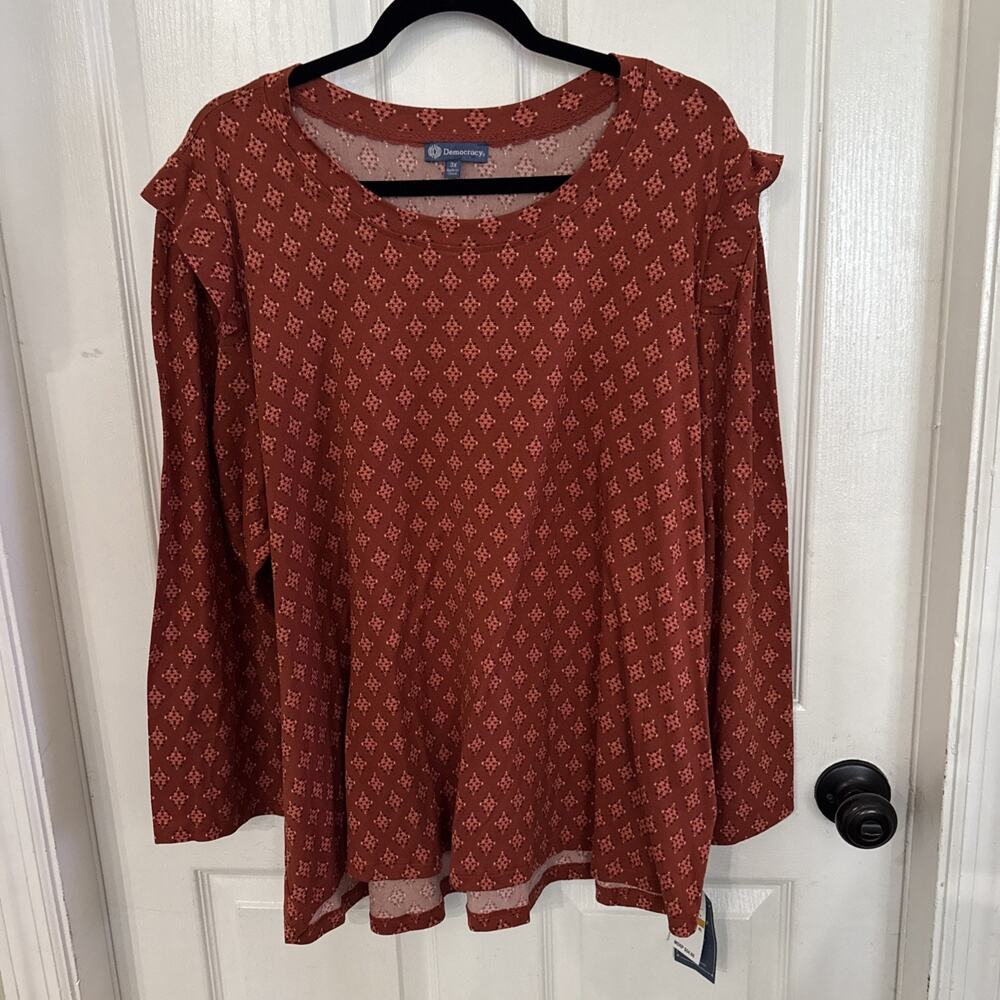 Democracy Women's Plus Size 3X Scoop Neck 3/4 Sleeve Burnt Orange Geometric Top